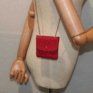 CHANEL Chain Quilted Shoulder Pouch Cotton Gold Red CC Auth